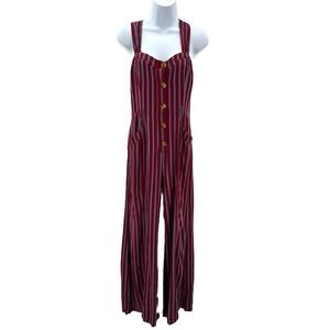 Free People Burgundy & Pink Striped Button-Front Jumpsuit